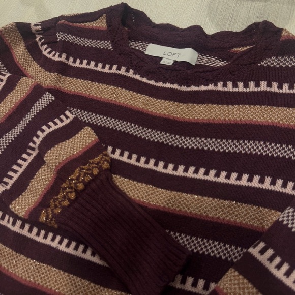 LOFT Scalloped Striped Metallic Maroon Sweater size XS - Picture 7 of 10